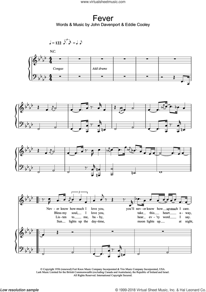 Fever sheet music for voice and piano by Eva Cassidy, Peggy Lee, Eddie Cooley and John Davenport, intermediate skill level