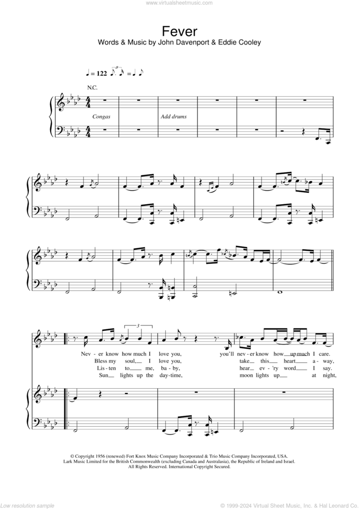 Fever sheet music for voice and piano by Eva Cassidy, Peggy Lee, Eddie Cooley and John Davenport, intermediate skill level