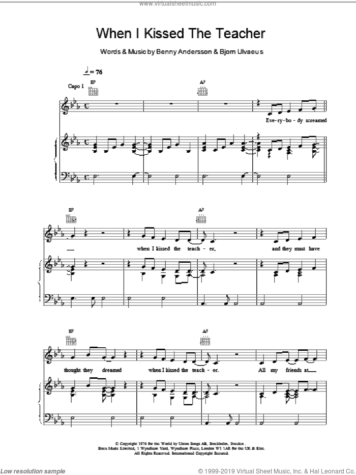 When I Kissed The Teacher sheet music for voice, piano or guitar by ABBA, intermediate skill level