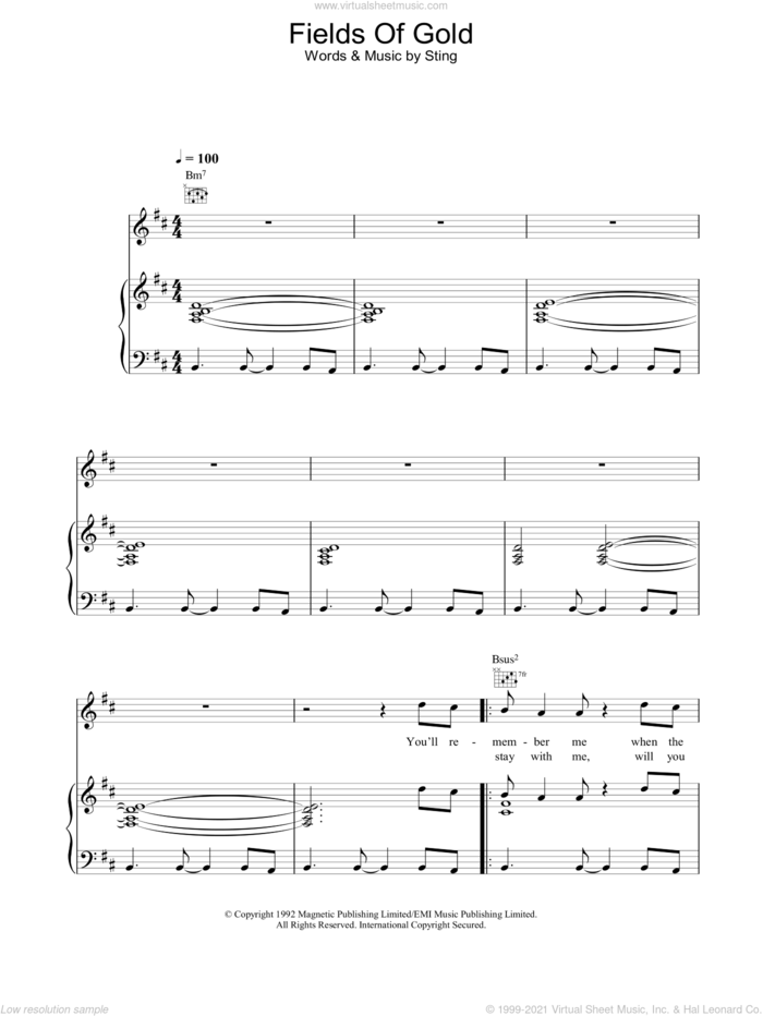 Fields Of Gold sheet music for voice, piano or guitar by Sting, intermediate skill level