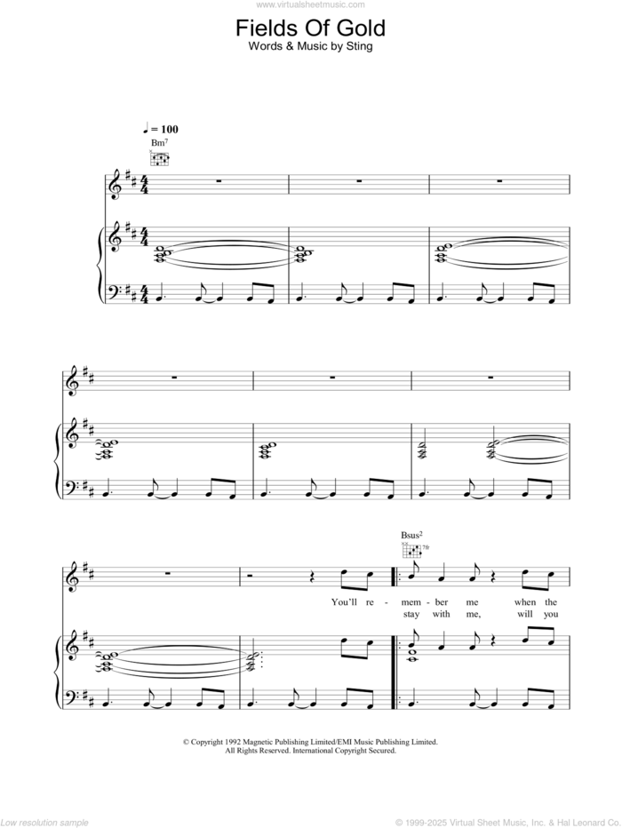 Fields Of Gold sheet music for voice, piano or guitar by Sting, intermediate skill level