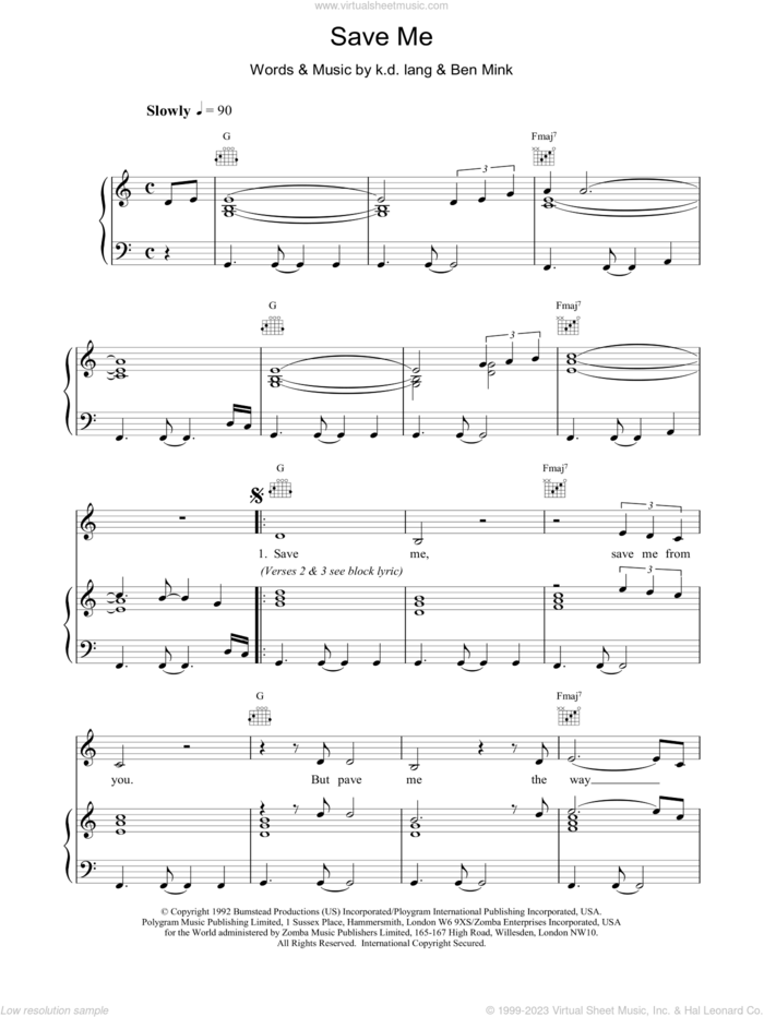 Save Me sheet music for voice, piano or guitar by K.D. Lang, intermediate skill level