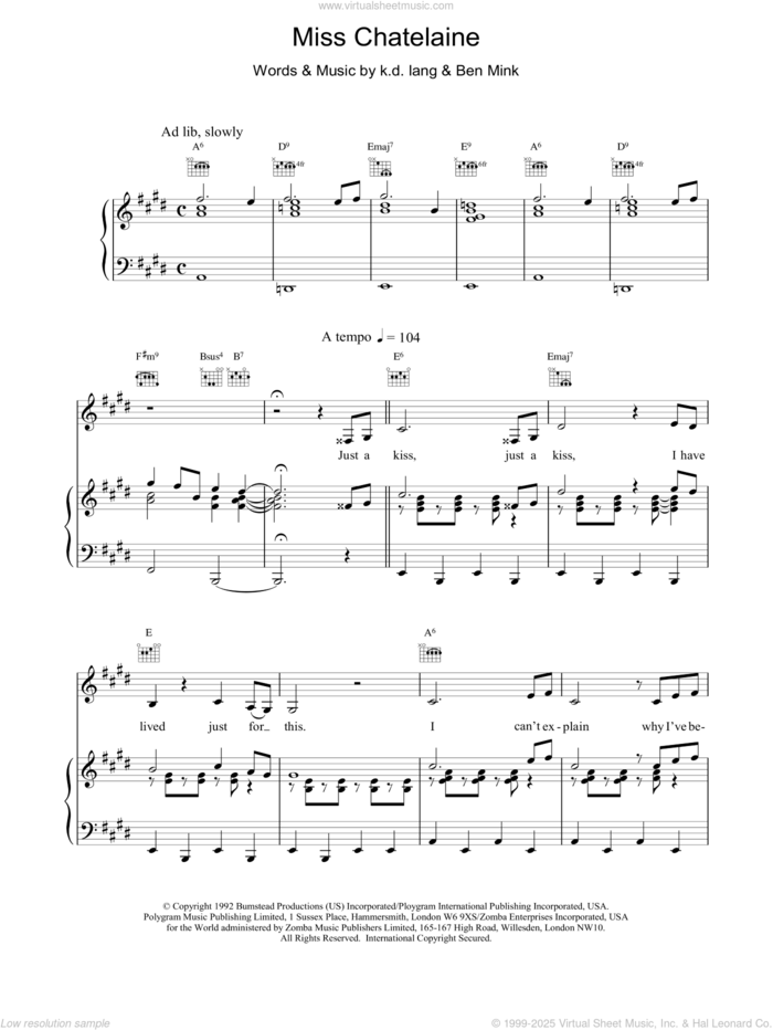 Miss Chatelaine sheet music for voice, piano or guitar by K.D. Lang, intermediate skill level