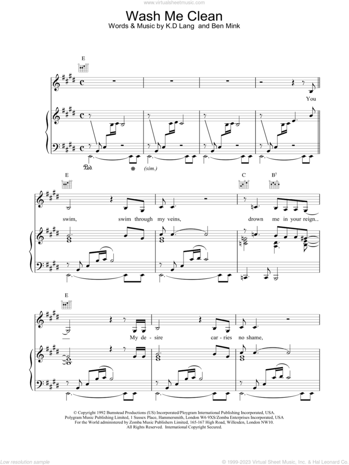 Wash Me Clean sheet music for voice, piano or guitar by K.D. Lang, intermediate skill level