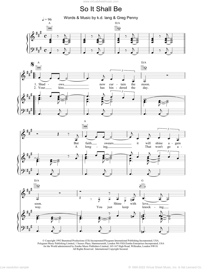 So It Shall Be sheet music for voice, piano or guitar by K.D. Lang, intermediate skill level