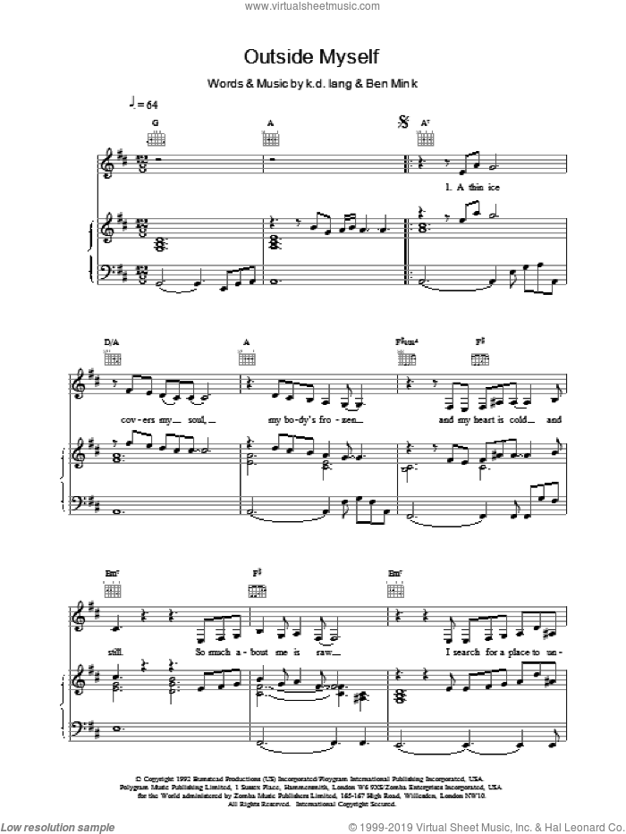 Outside Myself sheet music for voice, piano or guitar by K.D. Lang, intermediate skill level