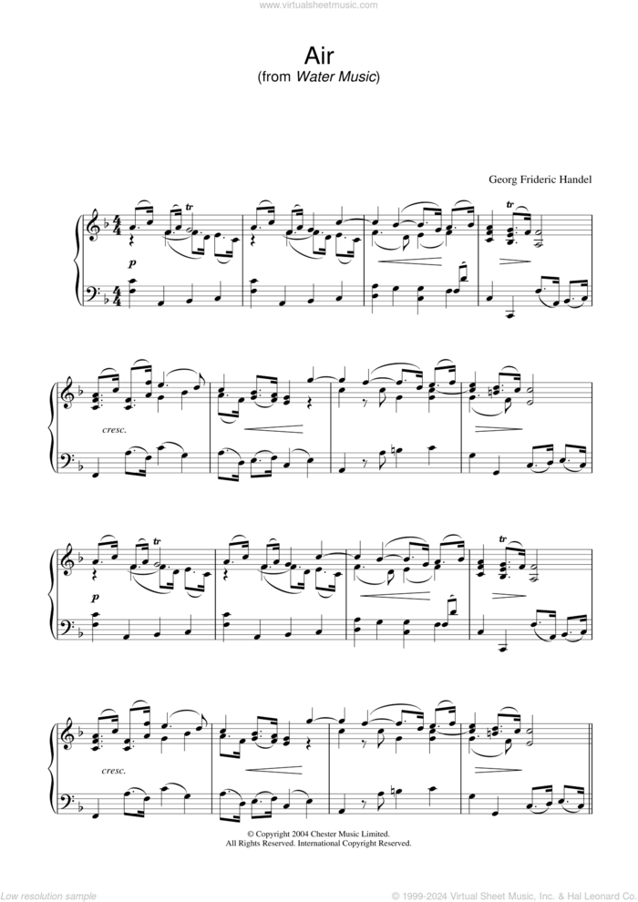 Air (from The Water Music Suite) sheet music for piano solo by George Frideric Handel, classical wedding score, intermediate skill level