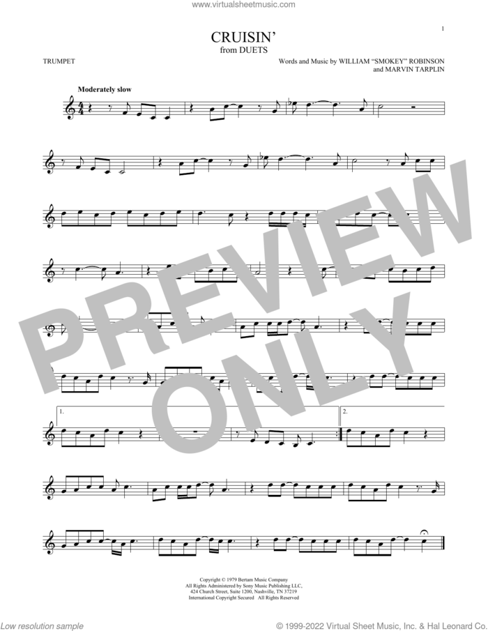 Cruisin' sheet music for trumpet solo by William 'Smokey' Robinson and Marvin Tarplin, intermediate skill level