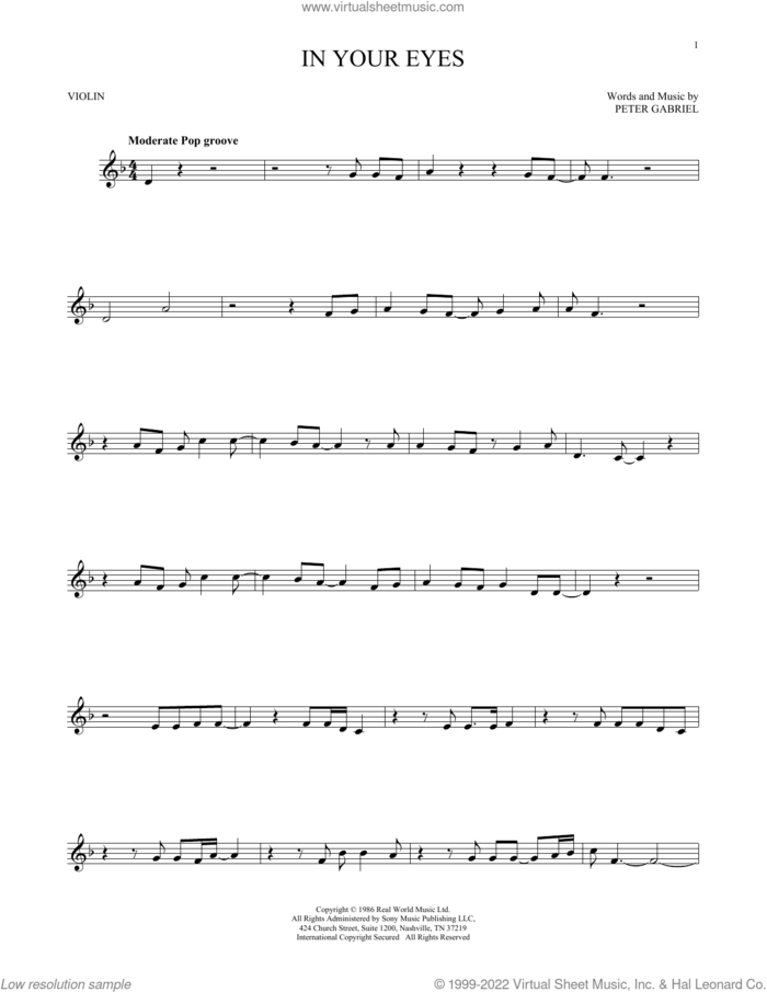 In Your Eyes sheet music for violin solo by Peter Gabriel, intermediate skill level