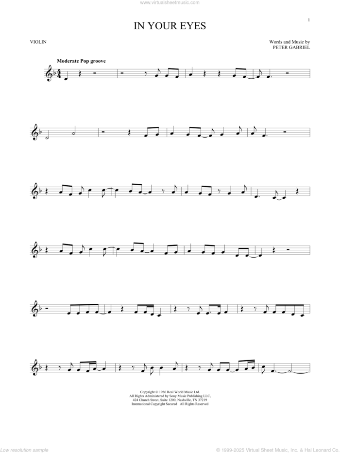 In Your Eyes sheet music for violin solo by Peter Gabriel, intermediate skill level