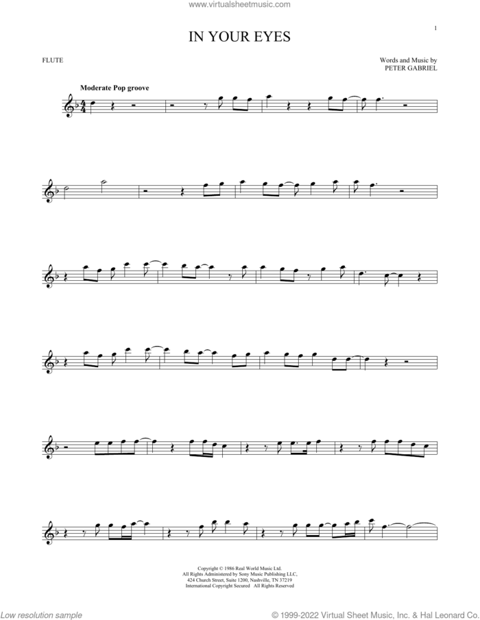 In Your Eyes sheet music for flute solo by Peter Gabriel, intermediate skill level