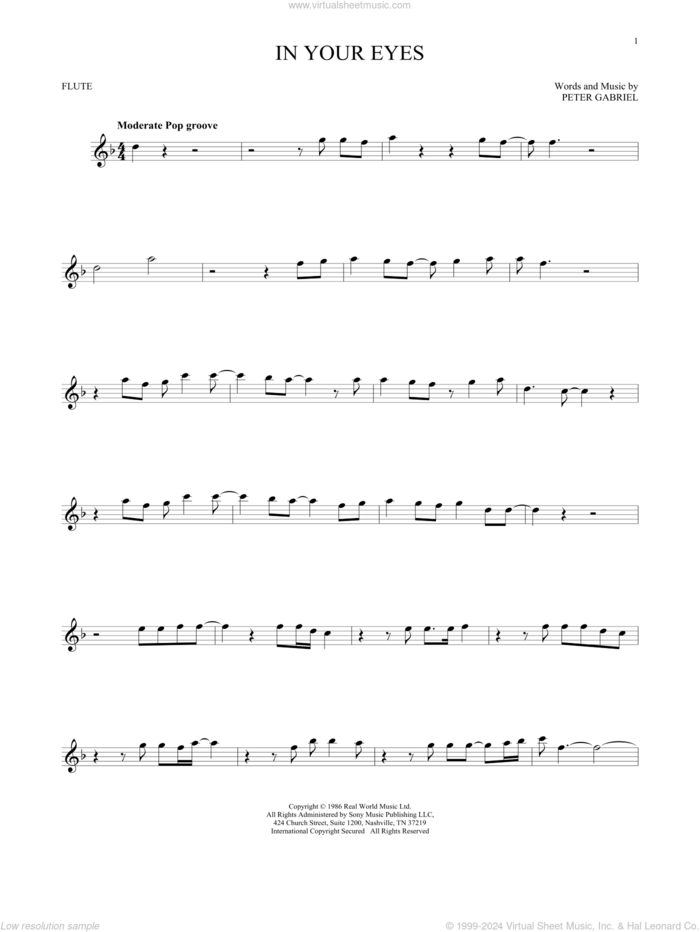 In Your Eyes sheet music for flute solo by Peter Gabriel, intermediate skill level