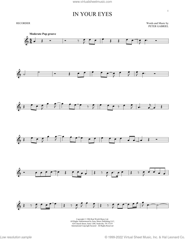 In Your Eyes sheet music for recorder solo by Peter Gabriel, intermediate skill level
