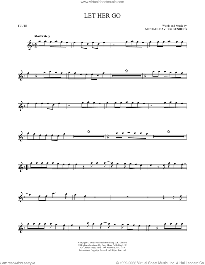 Let Her Go sheet music for flute solo by Passenger and Michael David Rosenberg, intermediate skill level