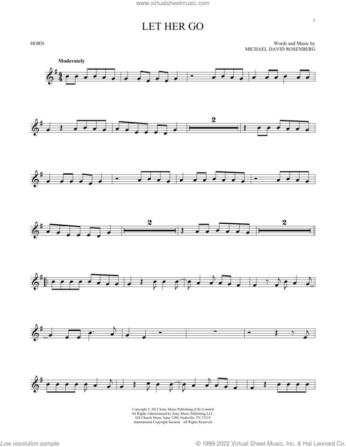 Let Her Go sheet music for horn solo by Passenger and Michael David Rosenberg, intermediate skill level