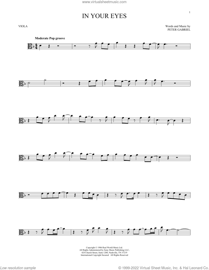 In Your Eyes sheet music for viola solo by Peter Gabriel, intermediate skill level