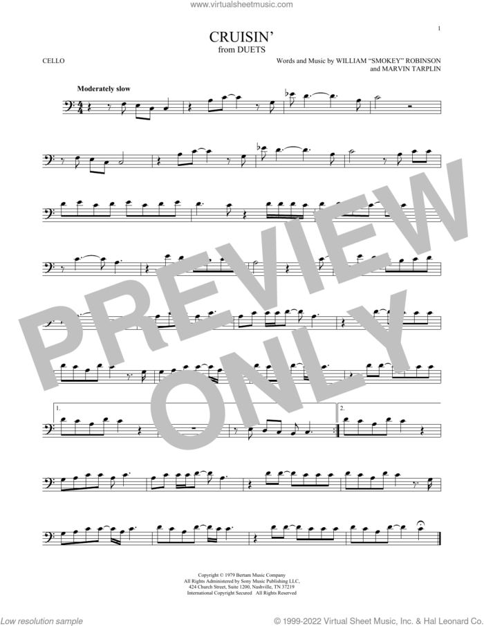 Cruisin' sheet music for cello solo by William 'Smokey' Robinson and Marvin Tarplin, intermediate skill level