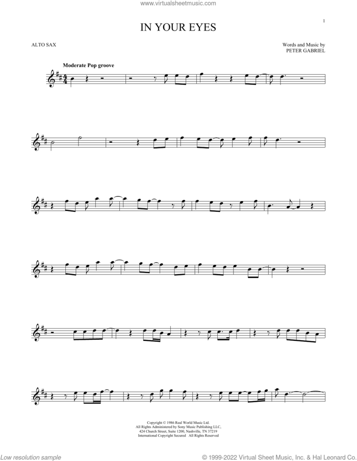 In Your Eyes sheet music for alto saxophone solo by Peter Gabriel, intermediate skill level