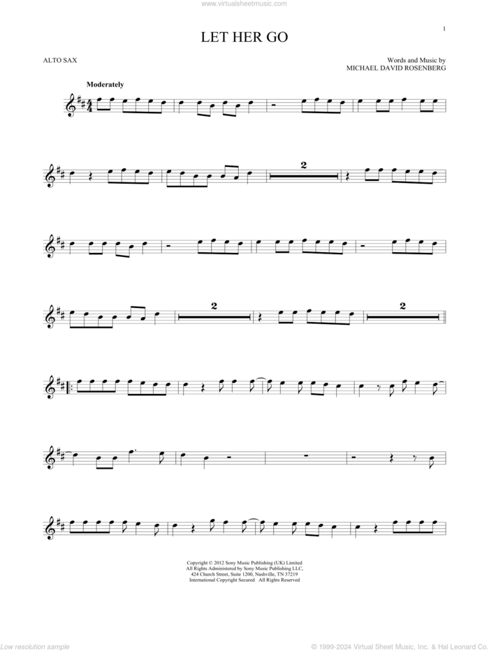 Let Her Go sheet music for alto saxophone solo by Passenger and Michael David Rosenberg, intermediate skill level