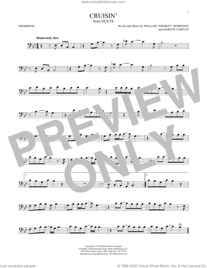 Cruisin' sheet music for trombone solo by William 'Smokey' Robinson and Marvin Tarplin, intermediate skill level