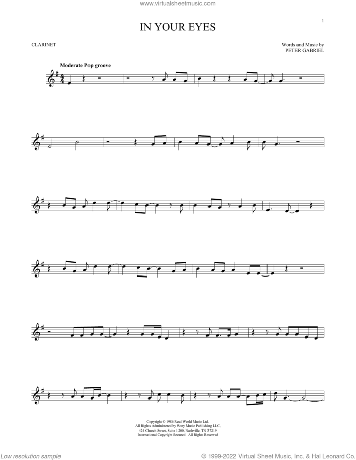 In Your Eyes sheet music for clarinet solo by Peter Gabriel, intermediate skill level