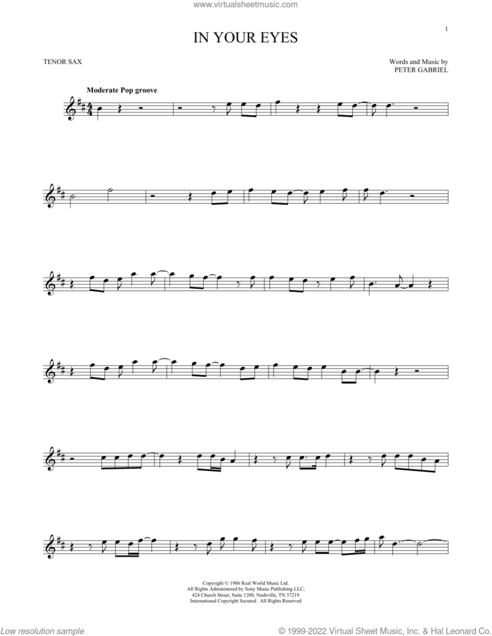 In Your Eyes sheet music for tenor saxophone solo by Peter Gabriel, intermediate skill level