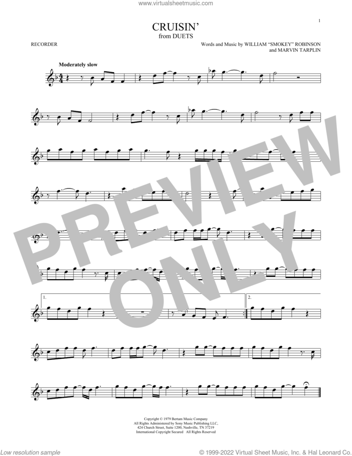 Cruisin' sheet music for recorder solo by William 'Smokey' Robinson and Marvin Tarplin, intermediate skill level