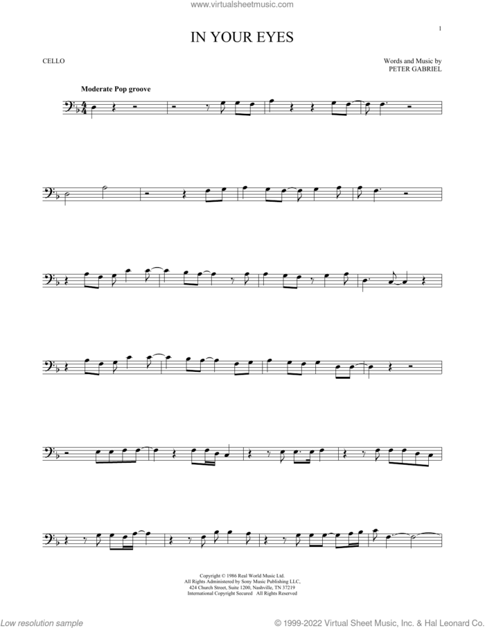 In Your Eyes sheet music for cello solo by Peter Gabriel, intermediate skill level