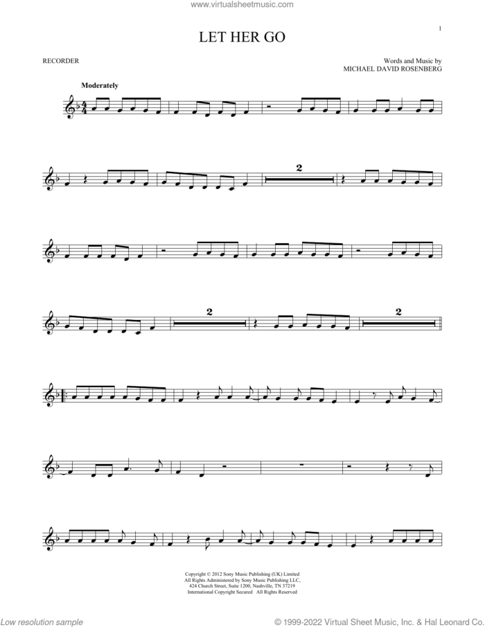 Let Her Go sheet music for recorder solo by Passenger and Michael David Rosenberg, intermediate skill level