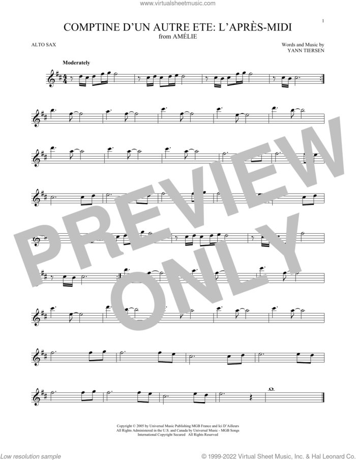 Comptine d'un autre ete: L'apres-midi (from Amelie) sheet music for alto saxophone solo by Yann Tiersen, intermediate skill level