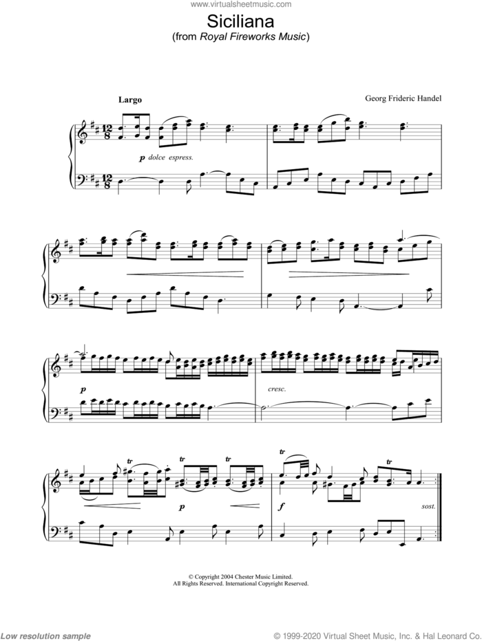 Siciliana sheet music for piano solo by George Frideric Handel, classical score, intermediate skill level