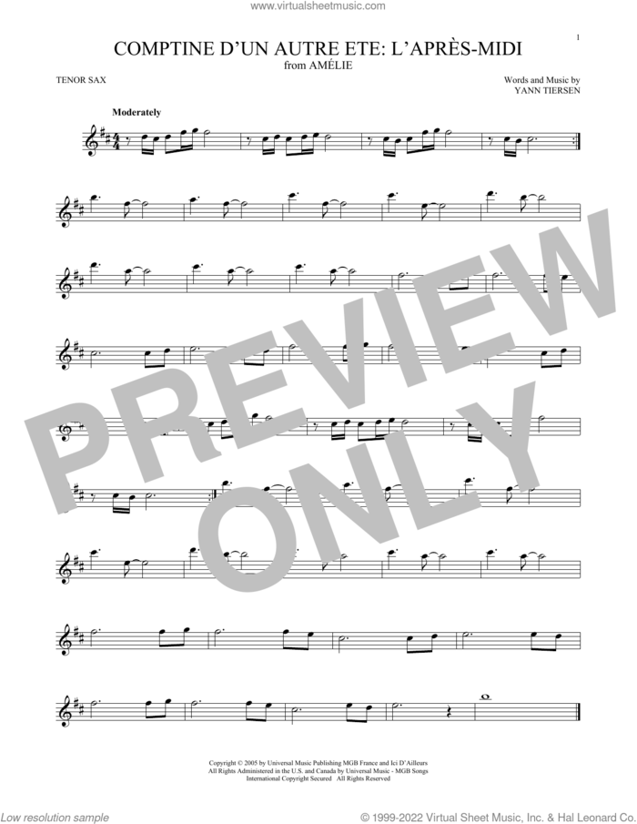 Comptine d'un autre ete: L'apres-midi (from Amelie) sheet music for tenor saxophone solo by Yann Tiersen, intermediate skill level