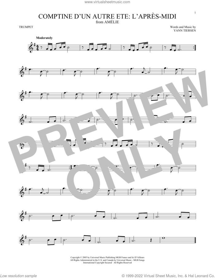 Comptine d'un autre ete: L'apres-midi (from Amelie) sheet music for trumpet solo by Yann Tiersen, intermediate skill level