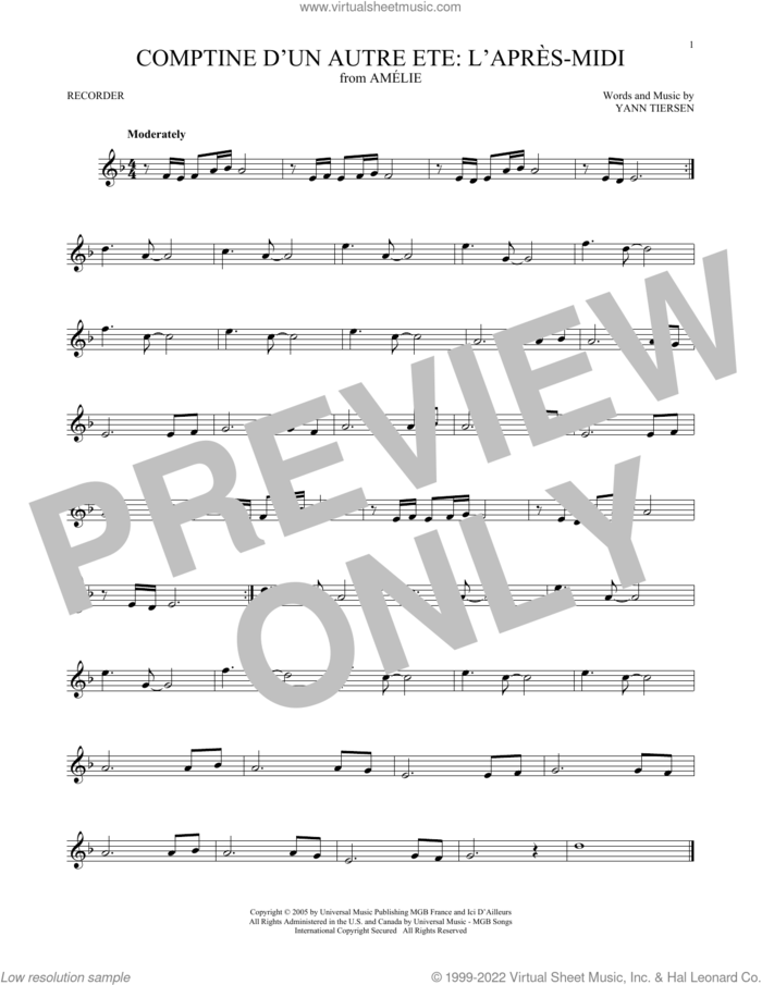 Comptine d'un autre ete: L'apres-midi (from Amelie) sheet music for recorder solo by Yann Tiersen, intermediate skill level