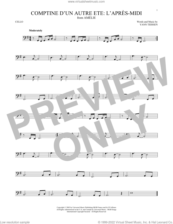 Comptine d'un autre ete: L'apres-midi (from Amelie) sheet music for cello solo by Yann Tiersen, intermediate skill level
