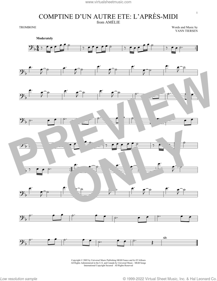 Comptine d'un autre ete: L'apres-midi (from Amelie) sheet music for trombone solo by Yann Tiersen, intermediate skill level