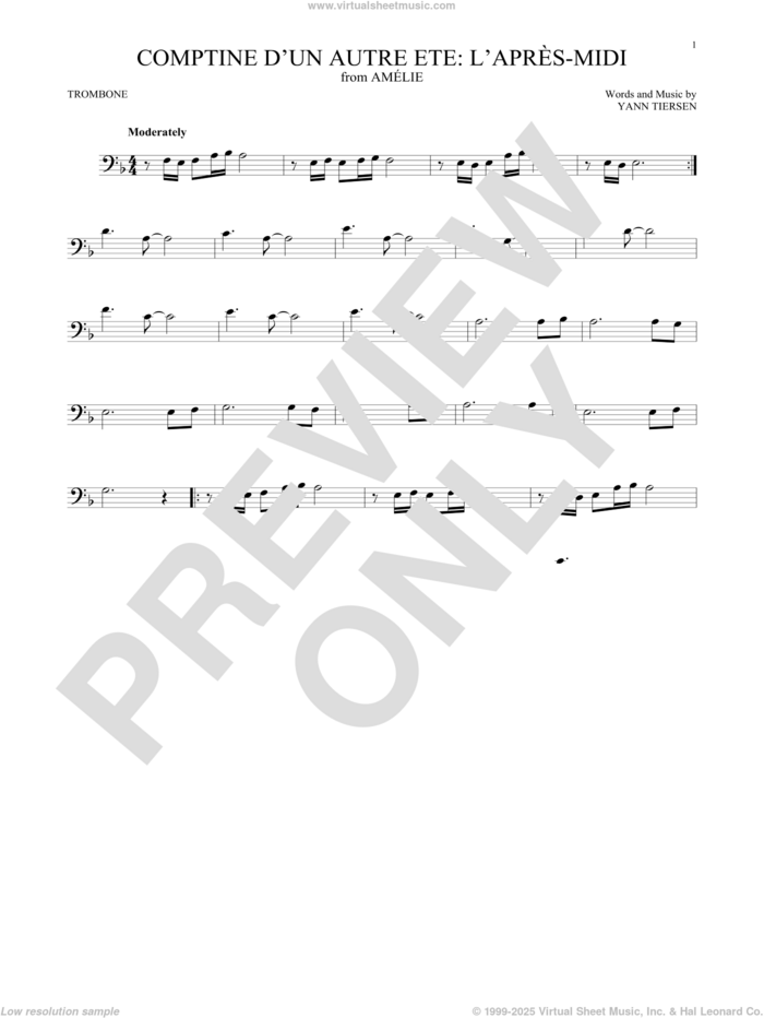 Comptine d'un autre ete: L'apres-midi (from Amelie) sheet music for trombone solo by Yann Tiersen, intermediate skill level