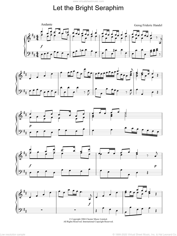 Let the Bright Seraphim sheet music for piano solo by George Frideric Handel, classical score, intermediate skill level
