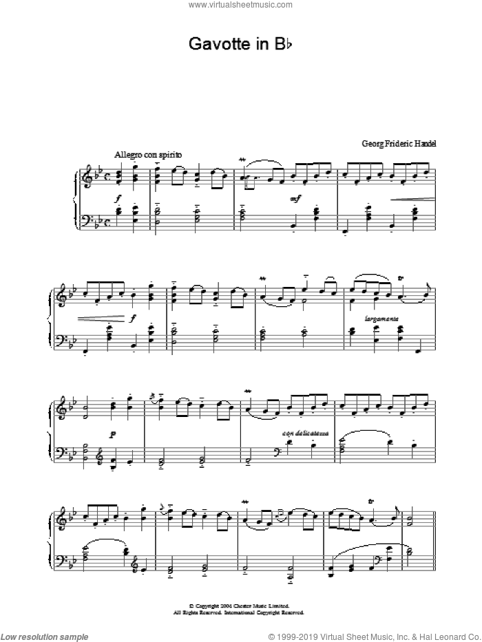 Gavotte In Bb, (intermediate) sheet music for piano solo by George Frideric Handel, classical score, intermediate skill level
