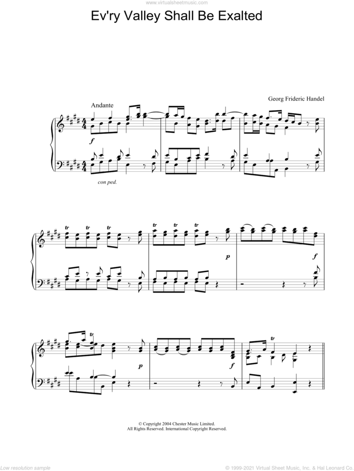 Ev'ry Valley Shall Be Exalted sheet music for piano solo by George Frideric Handel, classical score, intermediate skill level
