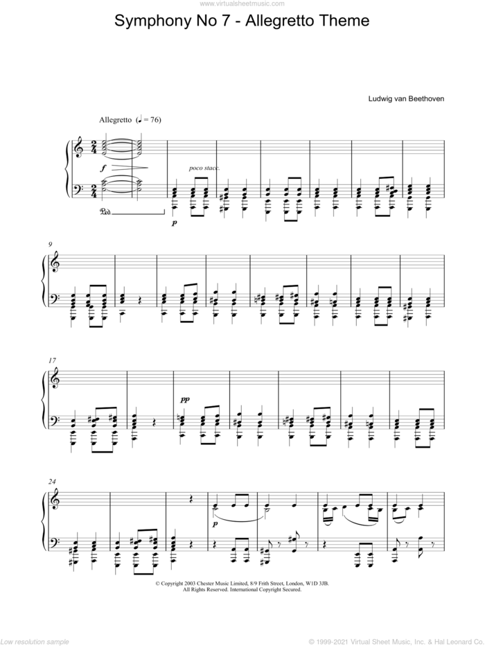 Symphony No. 7 - Allegretto Theme sheet music for piano solo by Ludwig van Beethoven, classical score, intermediate skill level