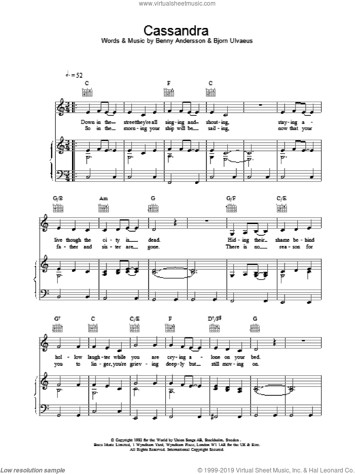 Cassandra sheet music for voice, piano or guitar by ABBA, intermediate skill level
