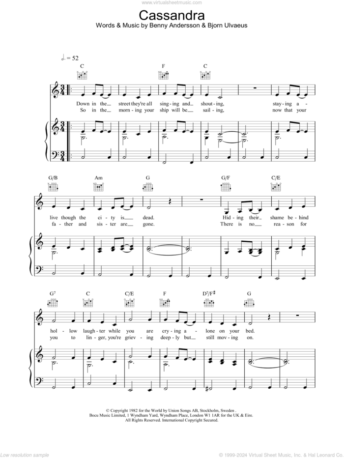 Cassandra sheet music for voice, piano or guitar by ABBA, intermediate skill level