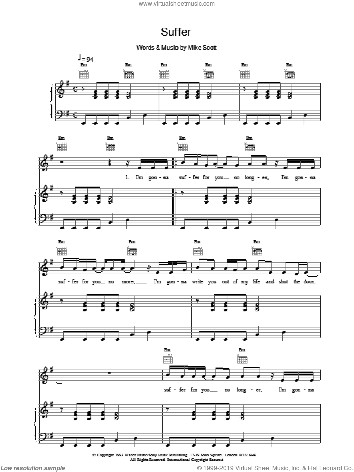 Suffer sheet music for voice, piano or guitar by The Waterboys, intermediate skill level