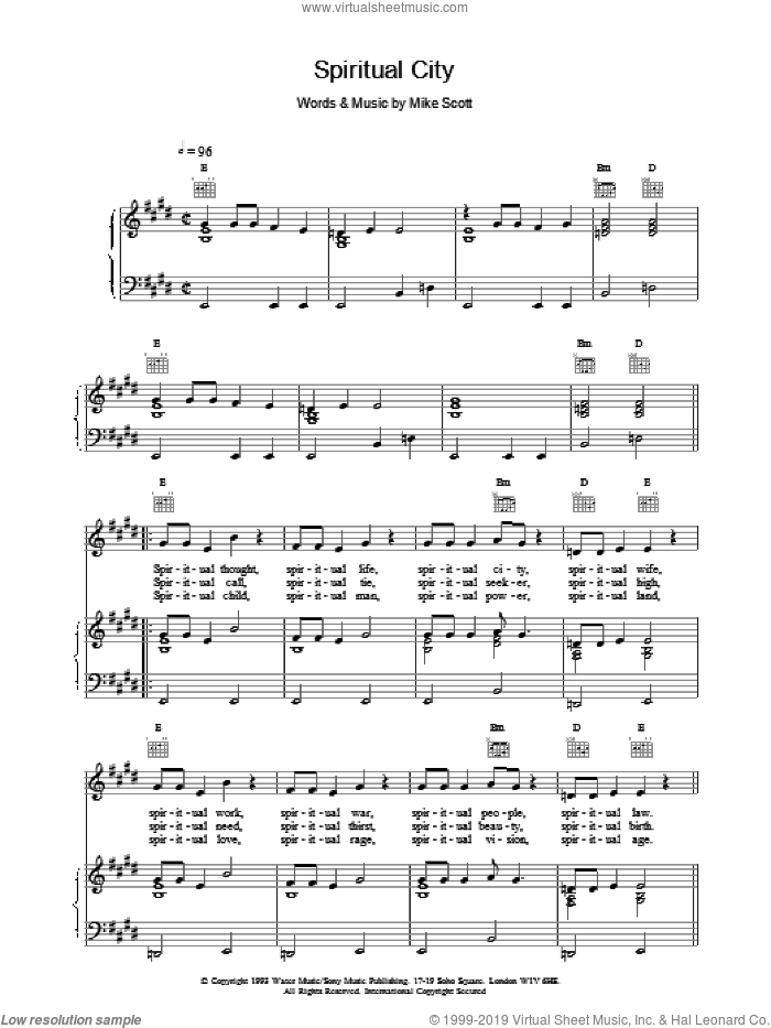 Spiritual City sheet music for voice, piano or guitar by The Waterboys, intermediate skill level