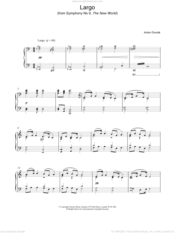 Largo sheet music for piano solo by Antonin Dvorak, classical score, intermediate skill level