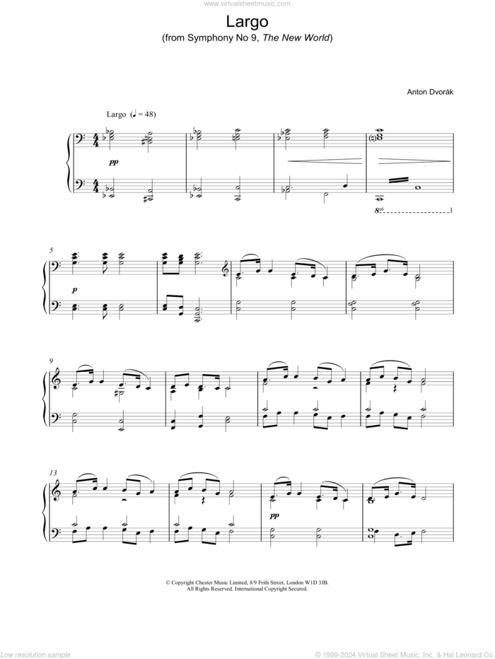 Largo sheet music for piano solo by Antonin Dvorak, classical score, intermediate skill level