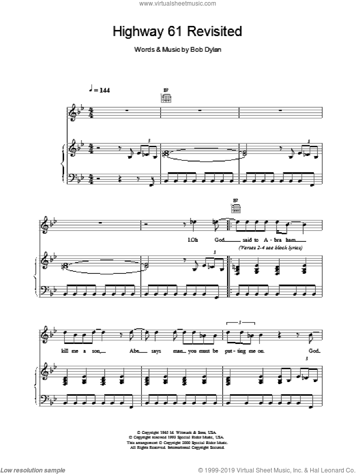 Highway 61 Revisited sheet music for voice, piano or guitar by Bob Dylan, intermediate skill level