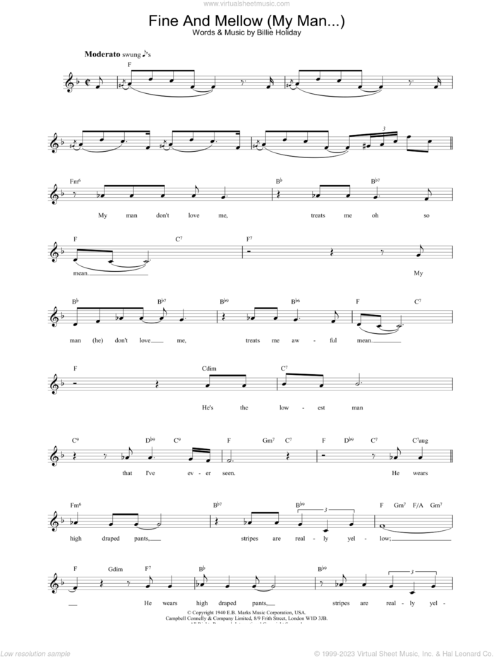 Fine And Mellow (My Man...) sheet music for voice and other instruments (fake book) by Billie Holiday, intermediate skill level