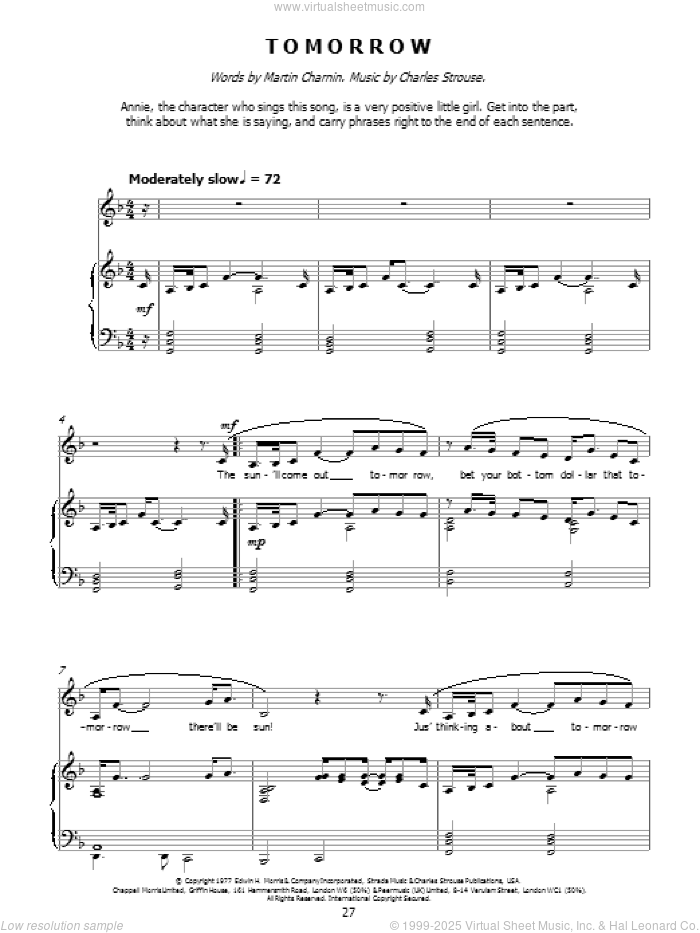 Tomorrow sheet music for voice and piano by Charles Strouse, Annie (Musical) and Martin Charnin, intermediate skill level